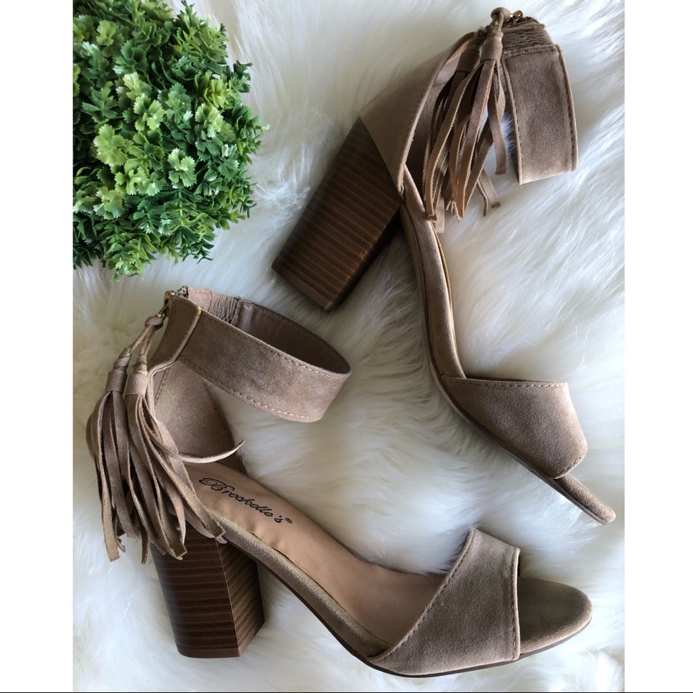 Tan Ankle Strap Tassel Heels